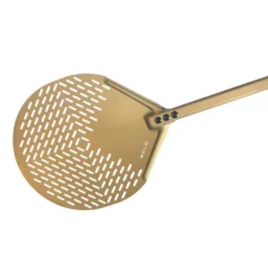 Gimetal - Rund perforeret guld pizzaspade - Ø45 cm - håndtag 180 cm