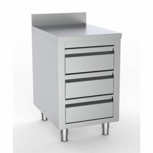 Rustfri arbejdsskab m. 3 skuffer m. bagkant – 500x700x850 mm