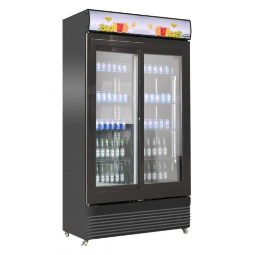 Displaykøleskab – sort – med skydedøre – B1120 x D595 x H2100 mm