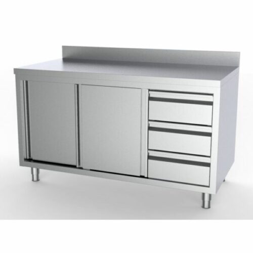 Arbejdsskab med skydelåger og  skuffer på højre med kant – 1400x700x850 mm  WT-1407085-SS