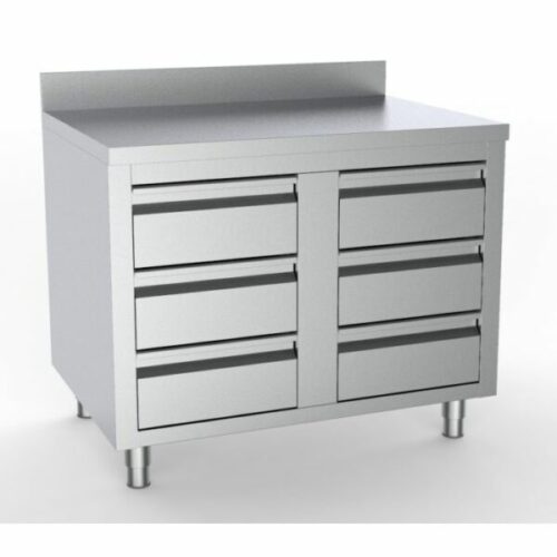 Rustfri arbejdsskab m. 6 skuffer m. bagkant – 1000x700x850 mm