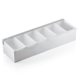 Ingrediensbeholder med 6 indsats på 0,45 liter – 45 x 15 x 9 cm – krom nikkel stål – akryl