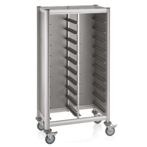 Bakkevogn trolleyvogn SINGLE MENSA – til 2×10 bakker – sølv – 86 x 51 x 165 cm – MDF trælook – aluminium