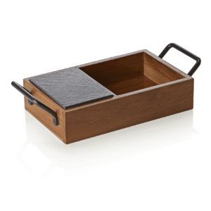 Serveringsbræt – SLATE & SERVE – 24 x 15 x 5,5 cm – 3 skiferplader og brød- og smørkurv – akacietræ – skifer