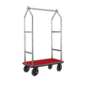 Kuffertvogn VOYAGER – 112 x 65 x 190 cm – børstet – rødt tæppe – kromnikkelstål 18/8