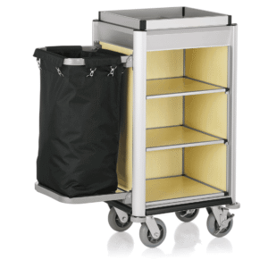 Roomservicetrolley ISABELLA – 95 x 55 x 116 cm – lyse kanter – lyst trælook – aluminium – MDF – polyesterfiber