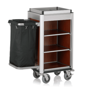 Roomservicetrolley ISABELLA – 95 x 55 x 116 cm – lyse kanter – mørkt trælook – aluminium – MDF – polyesterfiber
