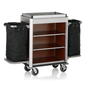 Roomservicetrolley ISABELLA – 155 x 55 x 116 cm – lyse kanter – mørkt trælook – aluminium – MDF – polyesterfiber