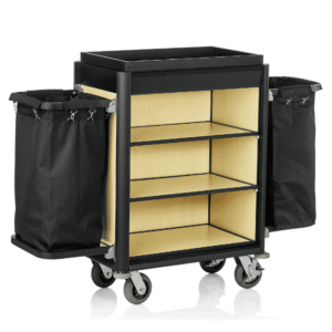 Roomservicetrolley ISABELLA – 155 x 55 x 116 cm – sorte kanter – lyst trælook – aluminium – MDF – polyesterfiber
