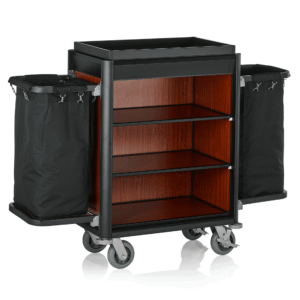 Roomservicetrolley ISABELLA – 155 x 55 x 116 cm – sorte kanter – mørkt trælook – aluminium – MDF – polyesterfiber