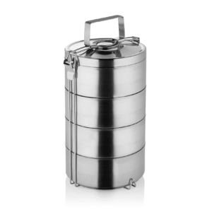 Isoleret madbeholder – med 4 madindsatser – 0,9 liter hver – Ø16 cm – højde 35 cm – stål