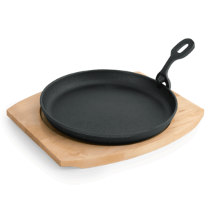 Serveringspande – støbejern – med træunderlag – Ø22 cm – højde 2,5 cm