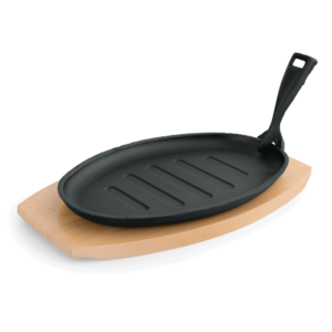 Serveringspande – støbejern – med træunderlag – 27 x 17,5 x 2 cm