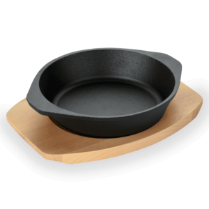 Serveringspande – støbejern – med træunderlag – Ø18 cm – højde 4,5 cm