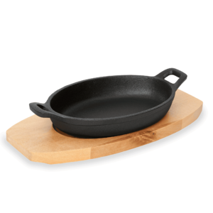 Serveringspande – støbejern – med træunderlag – 15,5 x 9,5 x 3 cm