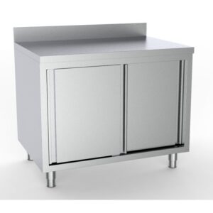 Arbejdsskab af rustfrit stål med skydelåger – B1400 x D600 x H850 mm