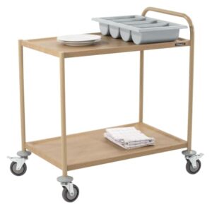 Serveringsvogn rullebord rustfrit stål med trælook 2 hylder 1 håndtag – B850 x D525 x H945 mm